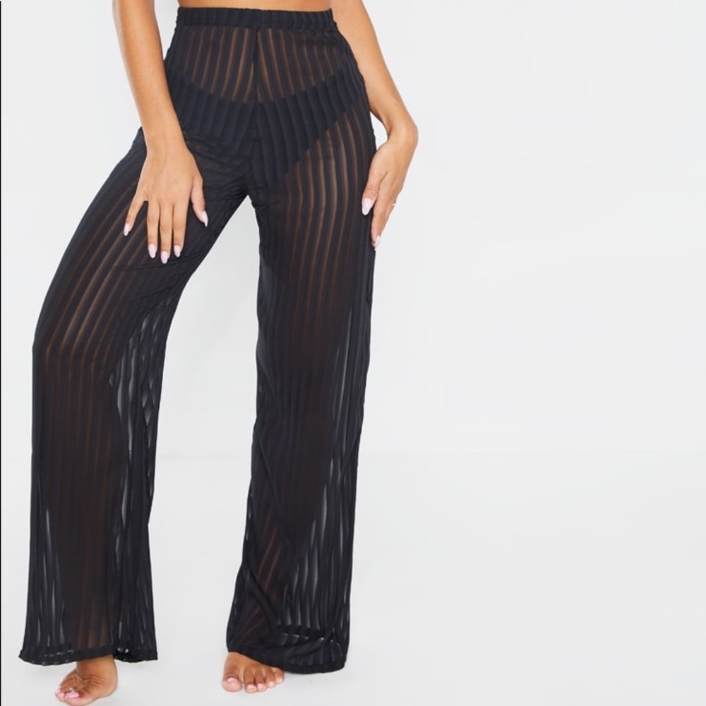 PLT black swim wide leg sheer high waisted pants size six NWT